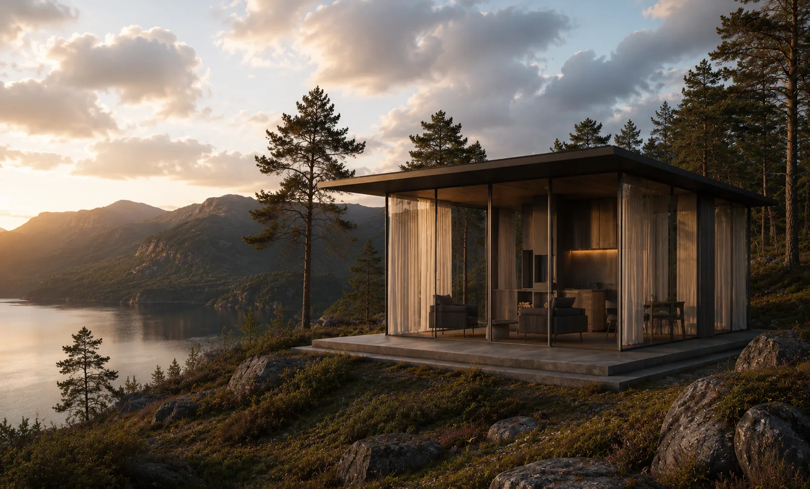 UTSYN – hytte med store glassflater mot landskapet