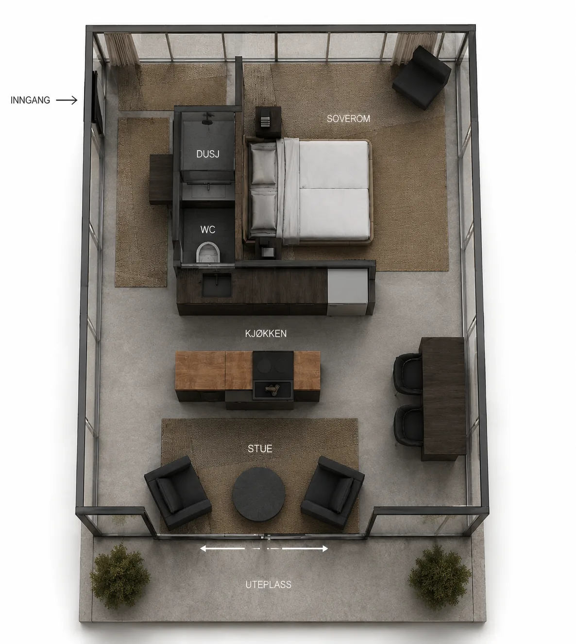 Plantegning for hytten på 39 m²